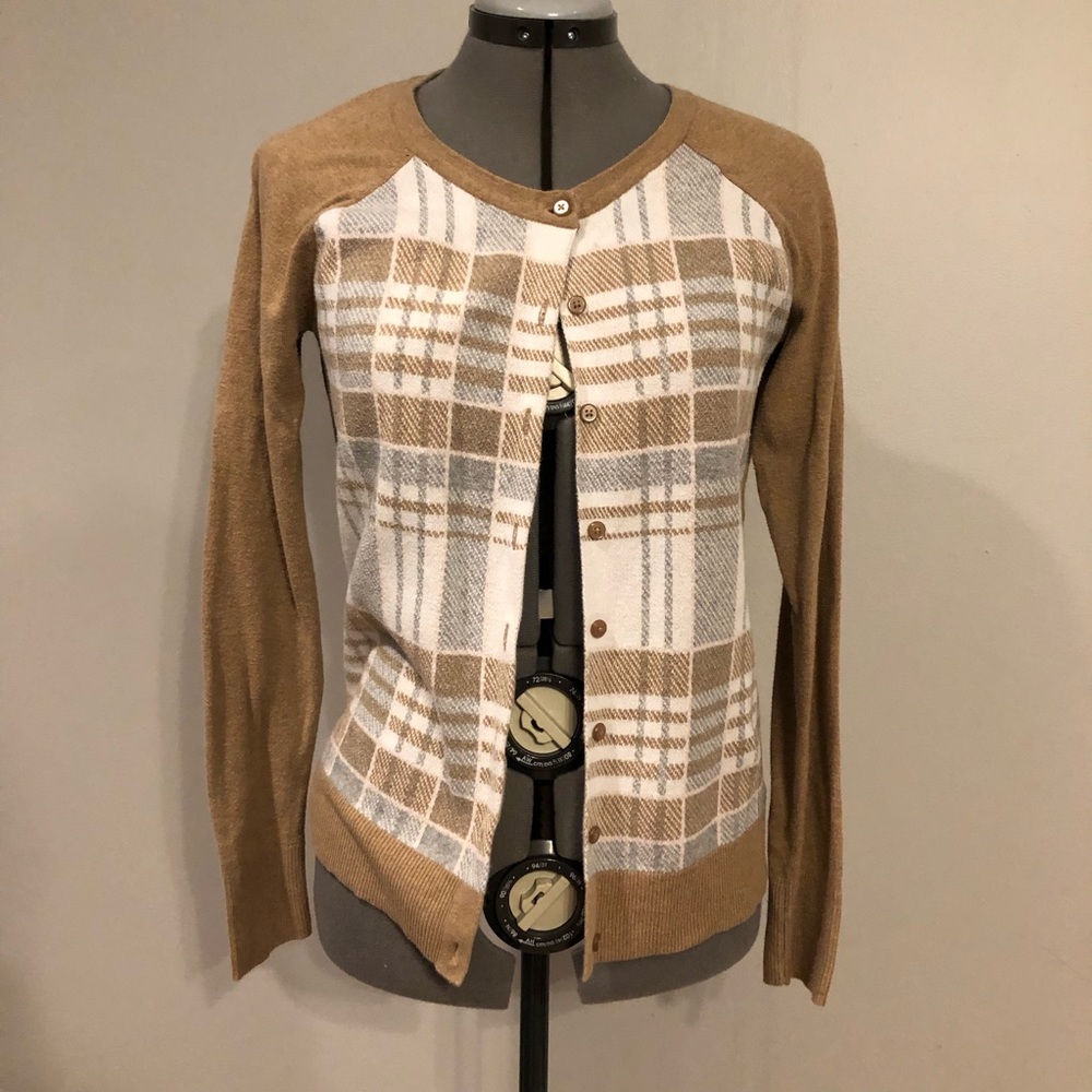 Merona Tan and Plaid Long Sleeved Cardigan (M)